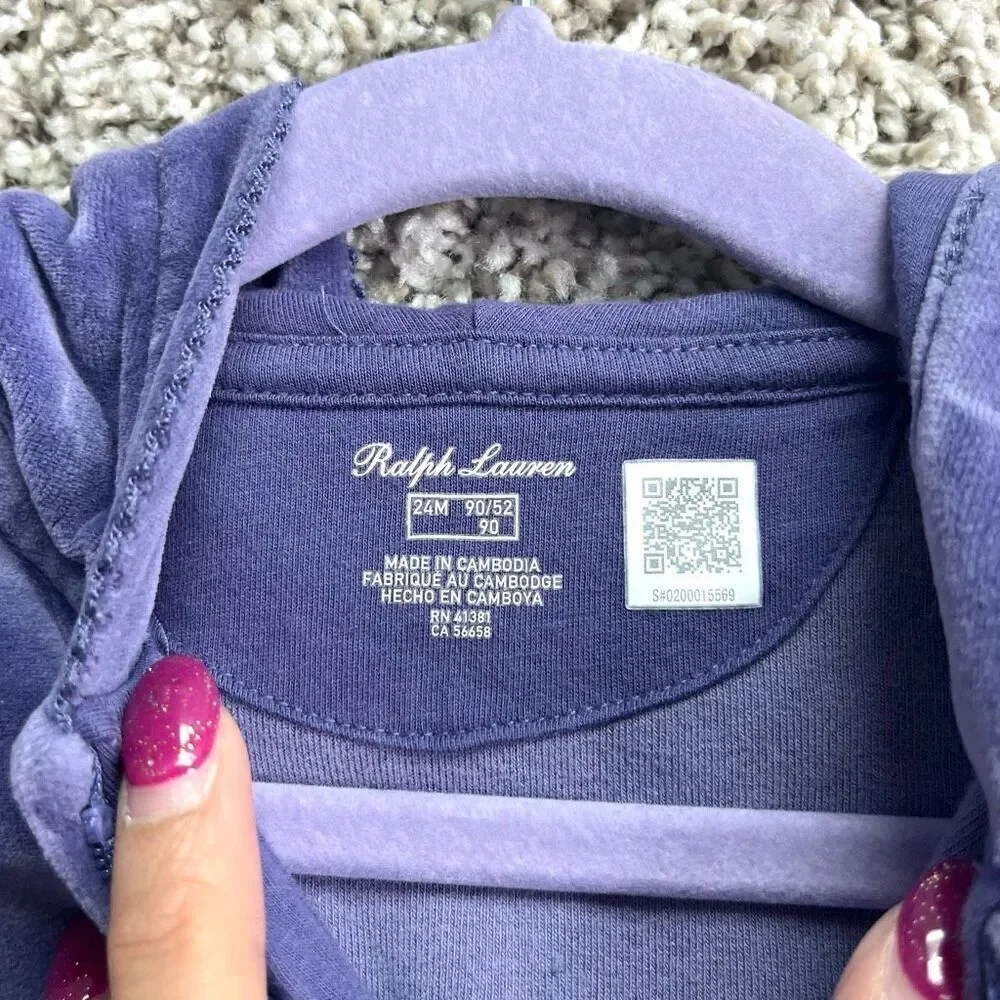 Ralph Lauren Jacket Girls 24M Purple Velour Hooded Full Zip Up Peplum Ruffled He
